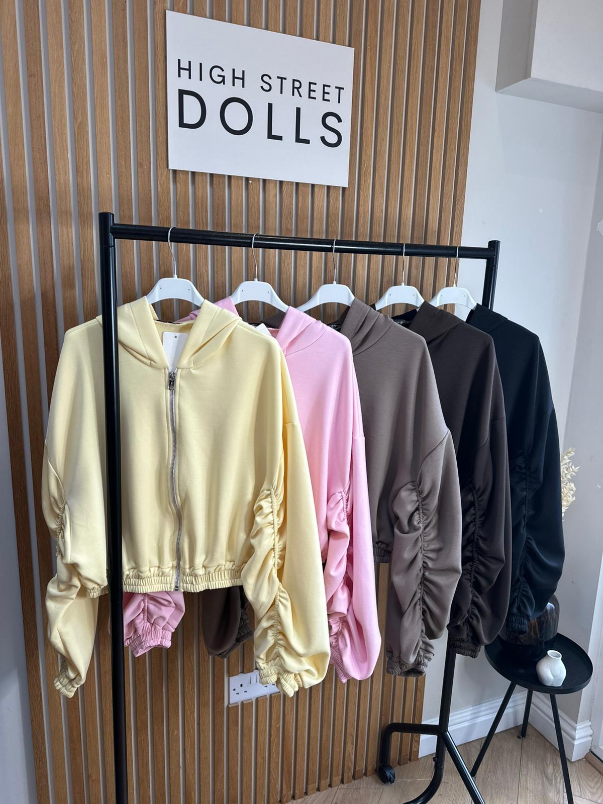 Reene Cropped Ruched Sleeve Hoodie Zip Up Jacket Jersey Spring Summer Winter