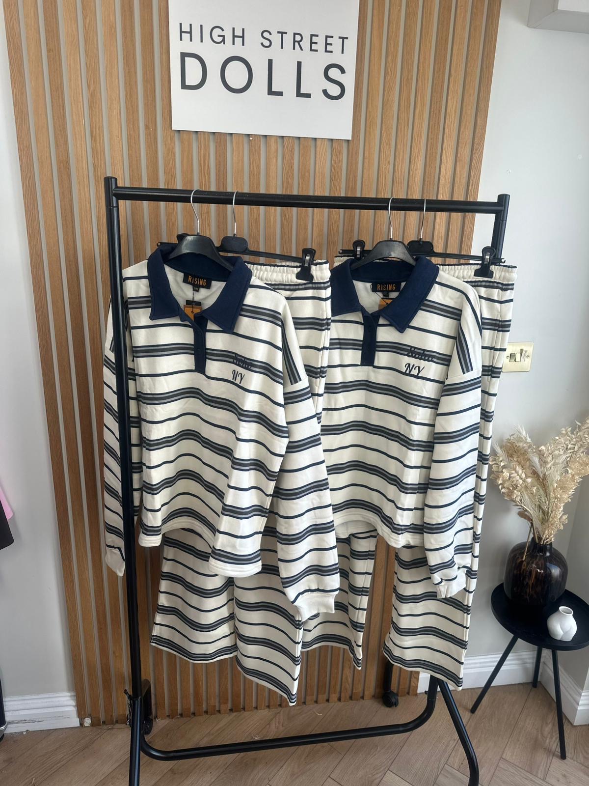 Elodie Stripe Lounge Set Cream and Navy Co Ord Rugby Top and Trousers Long Sleeve Loungewear Two Piece Spring Summer Denim Details