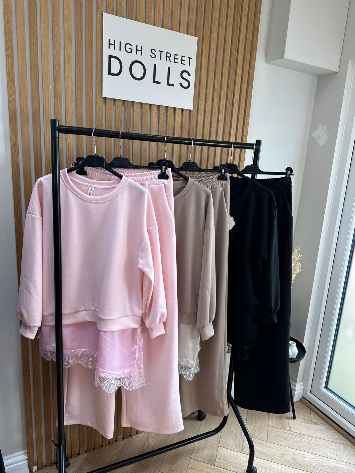 Sloane Lace Lounge Set Tracksuit T shirt with Wide leg Trousers Loungewear Two Piece Spring Summer