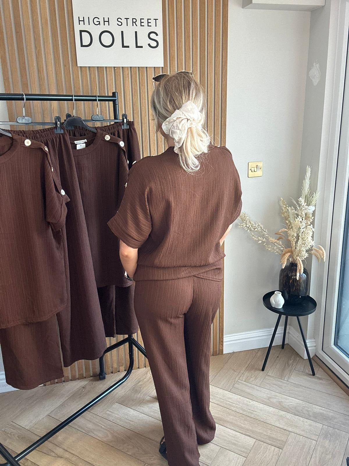 Sadie Crinkle Lounge Set Round Neck Top Shirt with Wide Leg Trousers