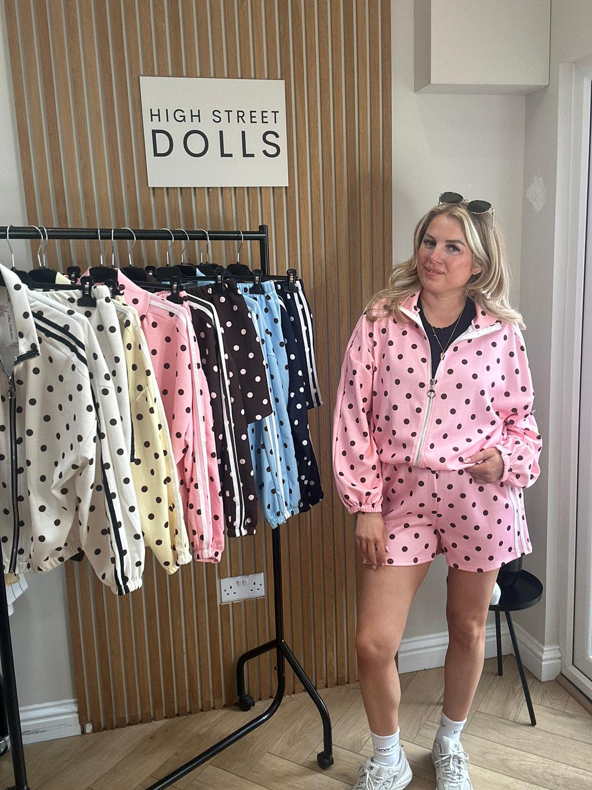 Harlo Polka Dot Print Bomber Jacket and Shorts Holiday Spring Summer Women’s two piece co-ord Trending Viral Print Stripe Detail
