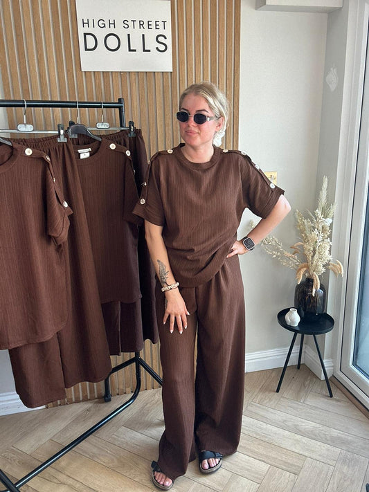 Sadie Crinkle Lounge Set Round Neck Top Shirt with Wide Leg Trousers