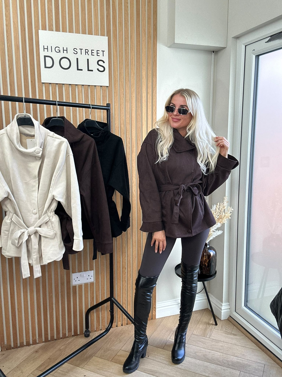 Kiera Suedette Belted Funnel Neck Button-Down Jacket – Autumn/Winter