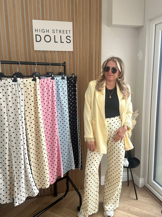 Poppy Trousers Polka Dot Print Wide Leg Joggers Stripe Detail Spring Summer