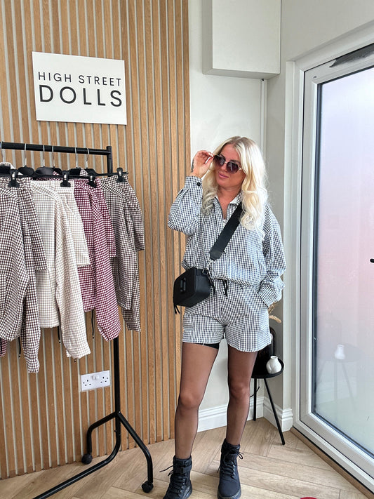 Dolly Gingham Lightweight Jacket and Shorts Set – Women’s Co Ord, Two Piece, Autumn/Winter Layer with Funnel Neckline