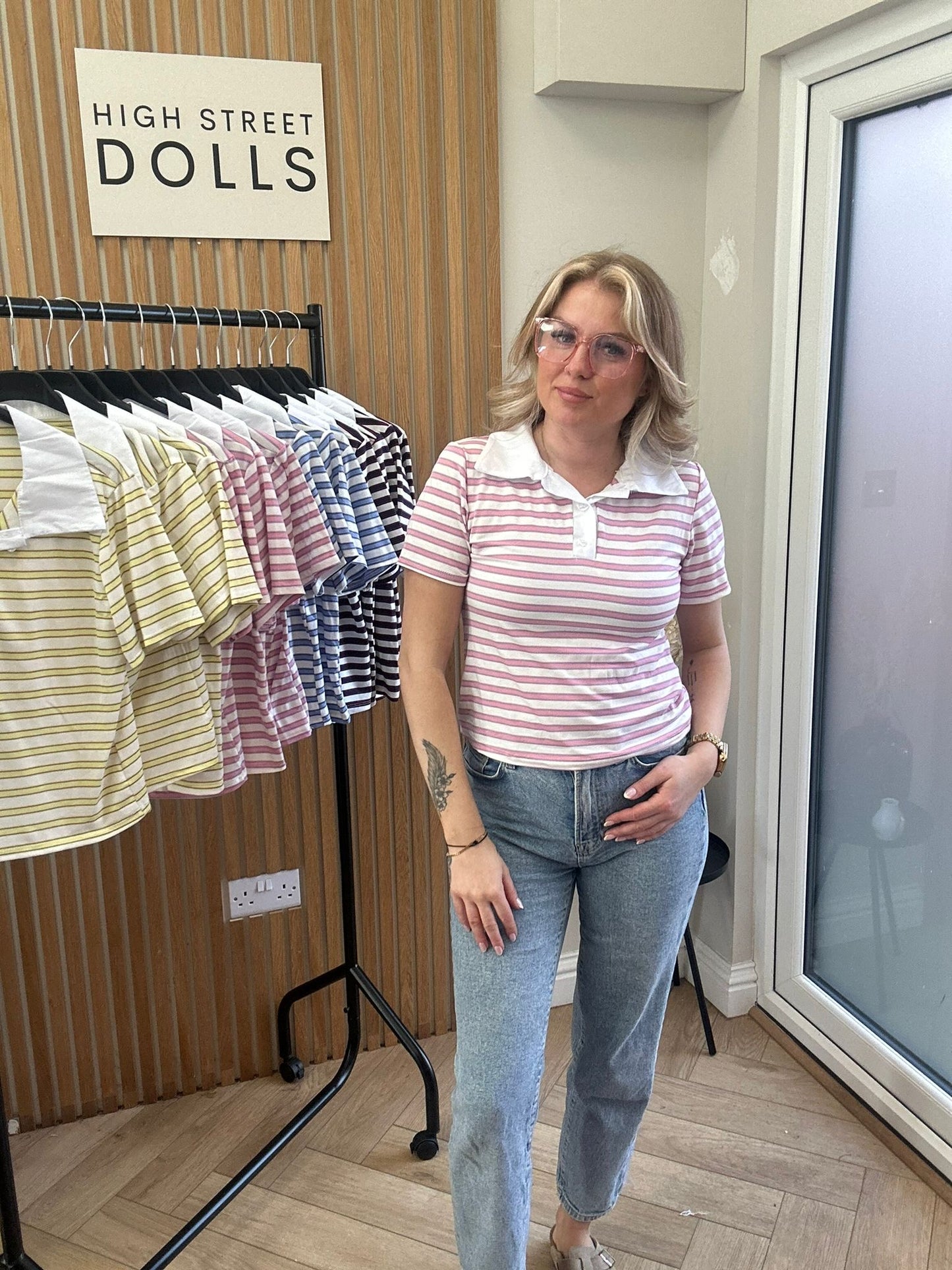 Billie Striped Rugby Top Fitted Short Sleeve T Shirt Collared Neckline Spring Summer Fashion