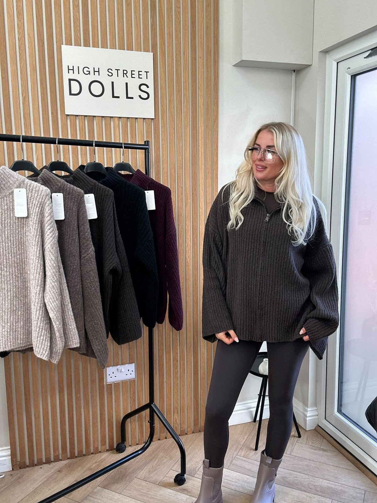 Emily Oversized Knitted Zip-Up Cardigan with Bell Sleeves & Funnel Neckline – Autumn Winter Knitwear