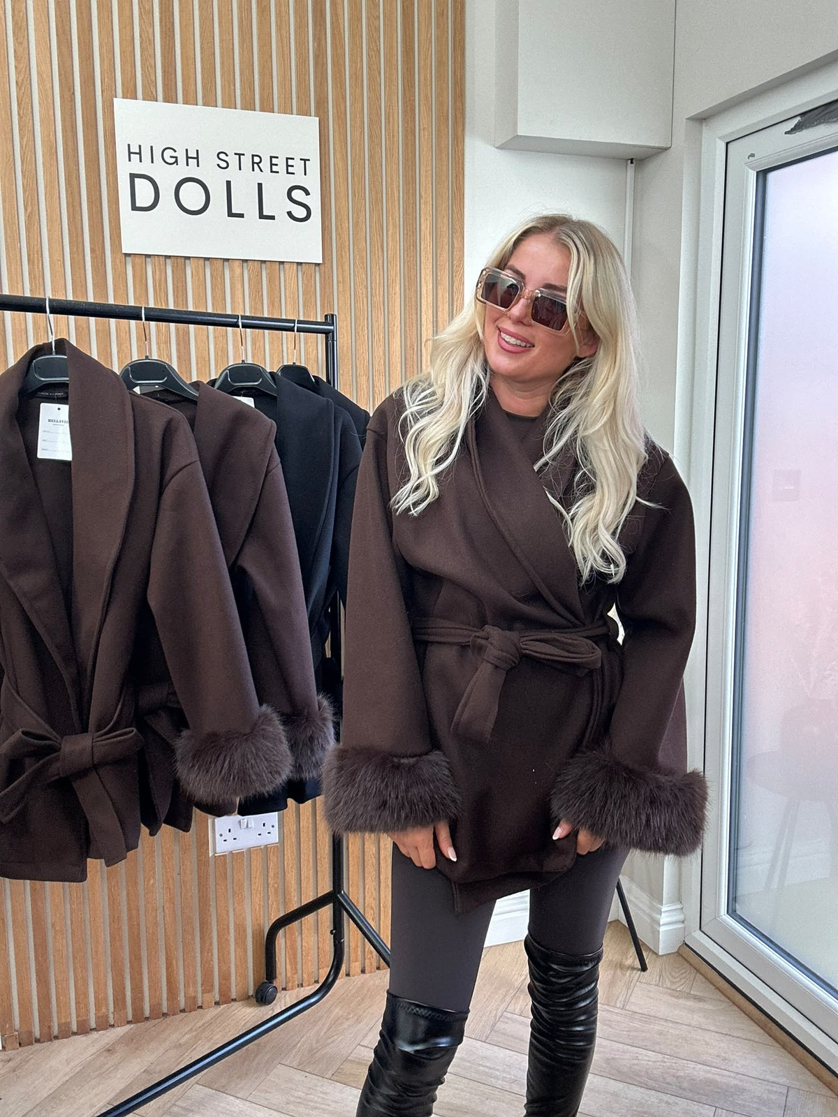 Celeste Luxe Belted Wrap Coat with Faux Fur Cuffs – Mid Length Jacket Autumn Winter