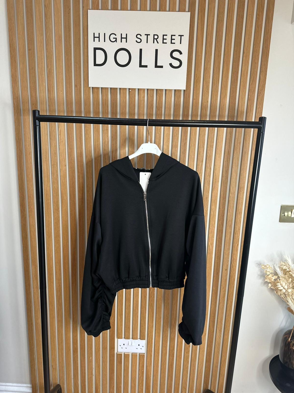 Reene Cropped Ruched Sleeve Hoodie Zip Up Jacket Jersey Spring Summer Winter