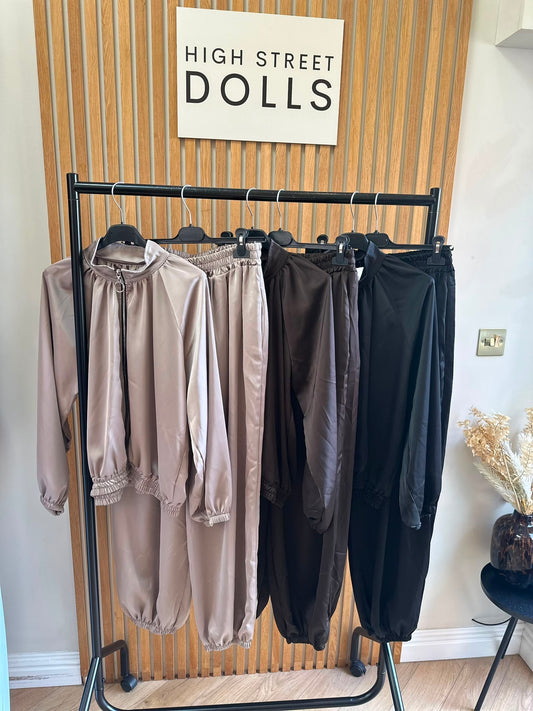 Blair Satin Harem Tracksuit Two-Piece Bomber Jacket Style Co-Ord, Silky Satin Material Autumn Loungewear