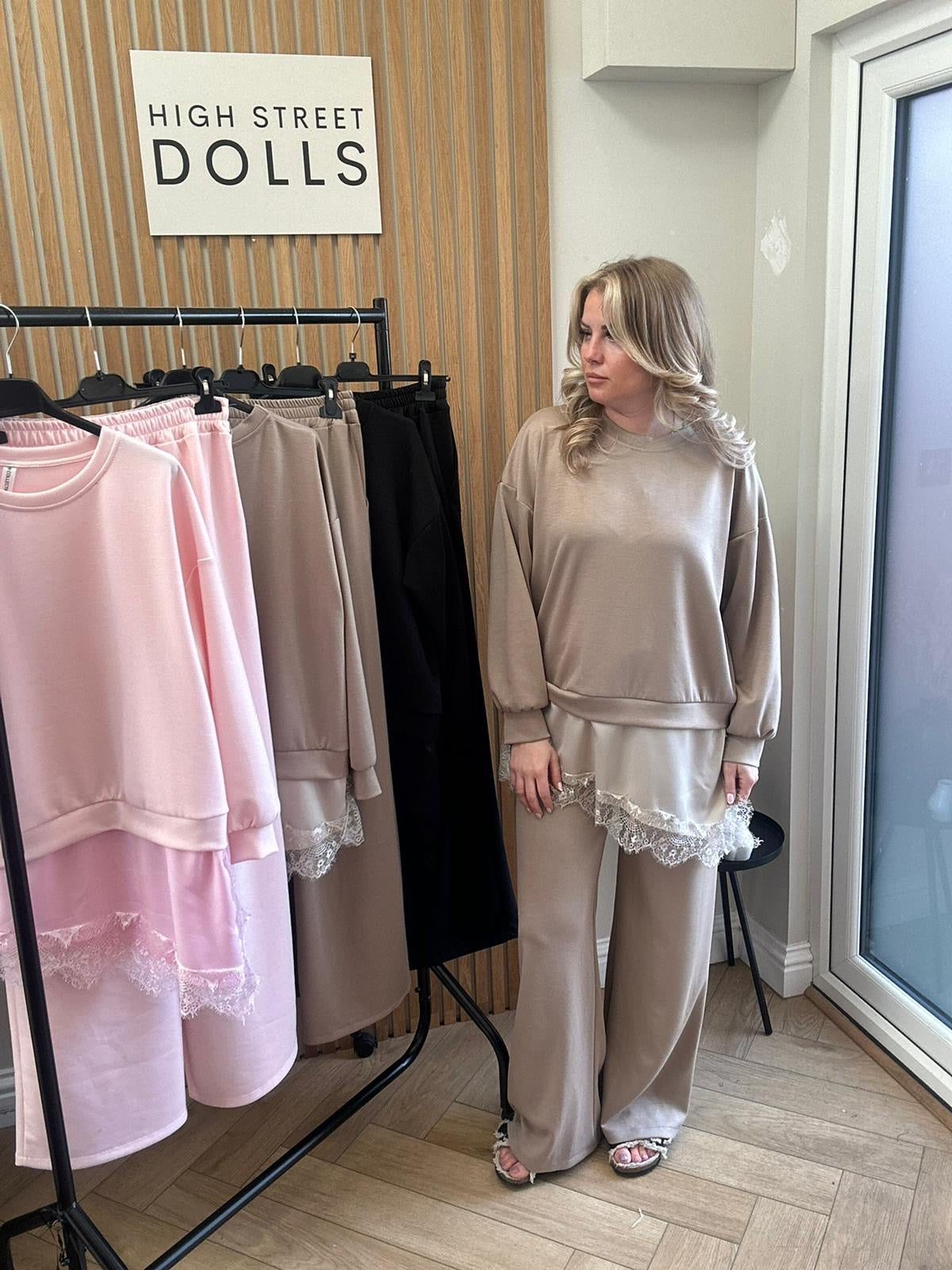 Sloane Lace Lounge Set Tracksuit T shirt with Wide leg Trousers Loungewear Two Piece Spring Summer