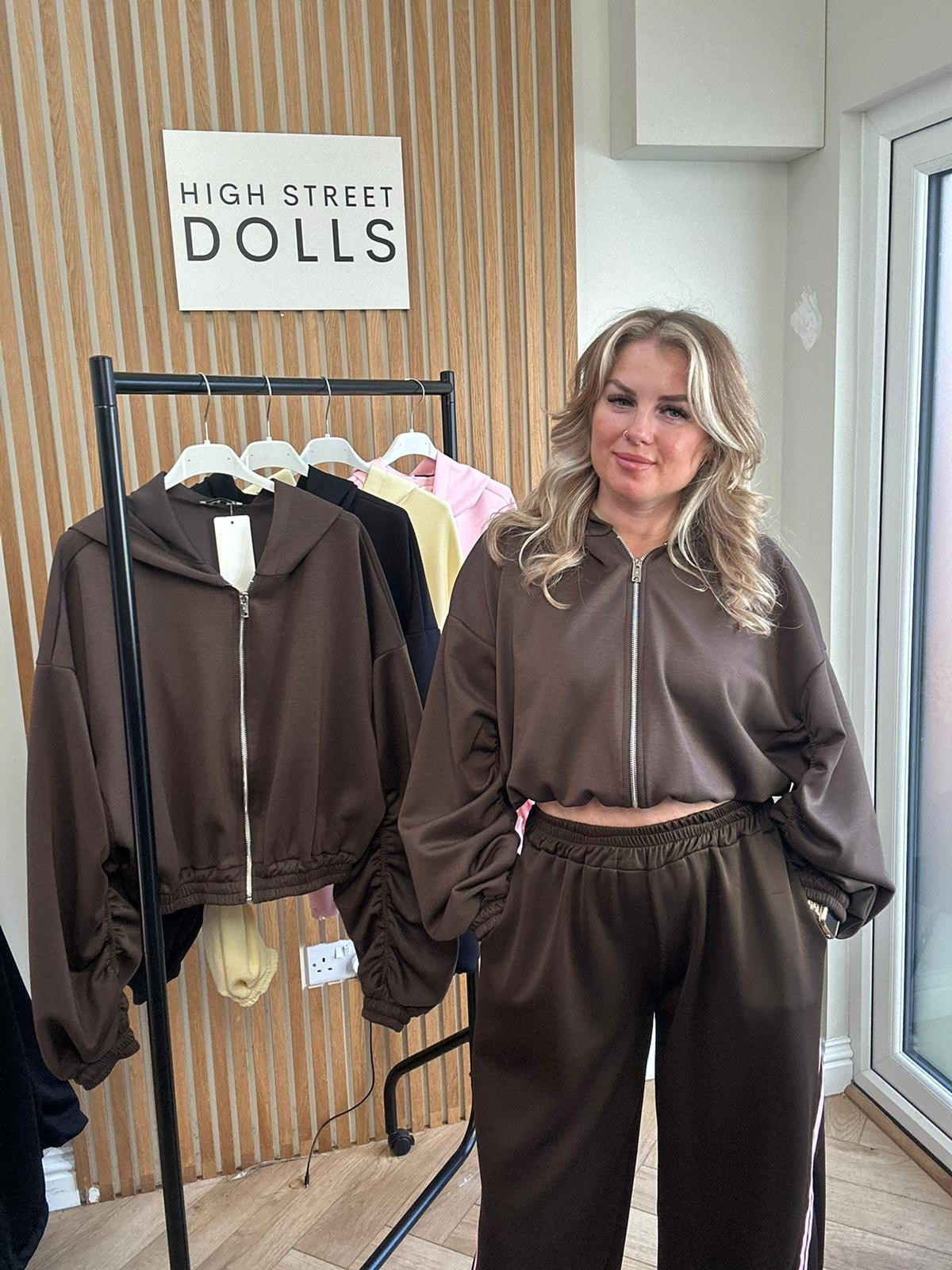 Reene Cropped Ruched Sleeve Hoodie Zip Up Jacket Jersey Spring Summer Winter