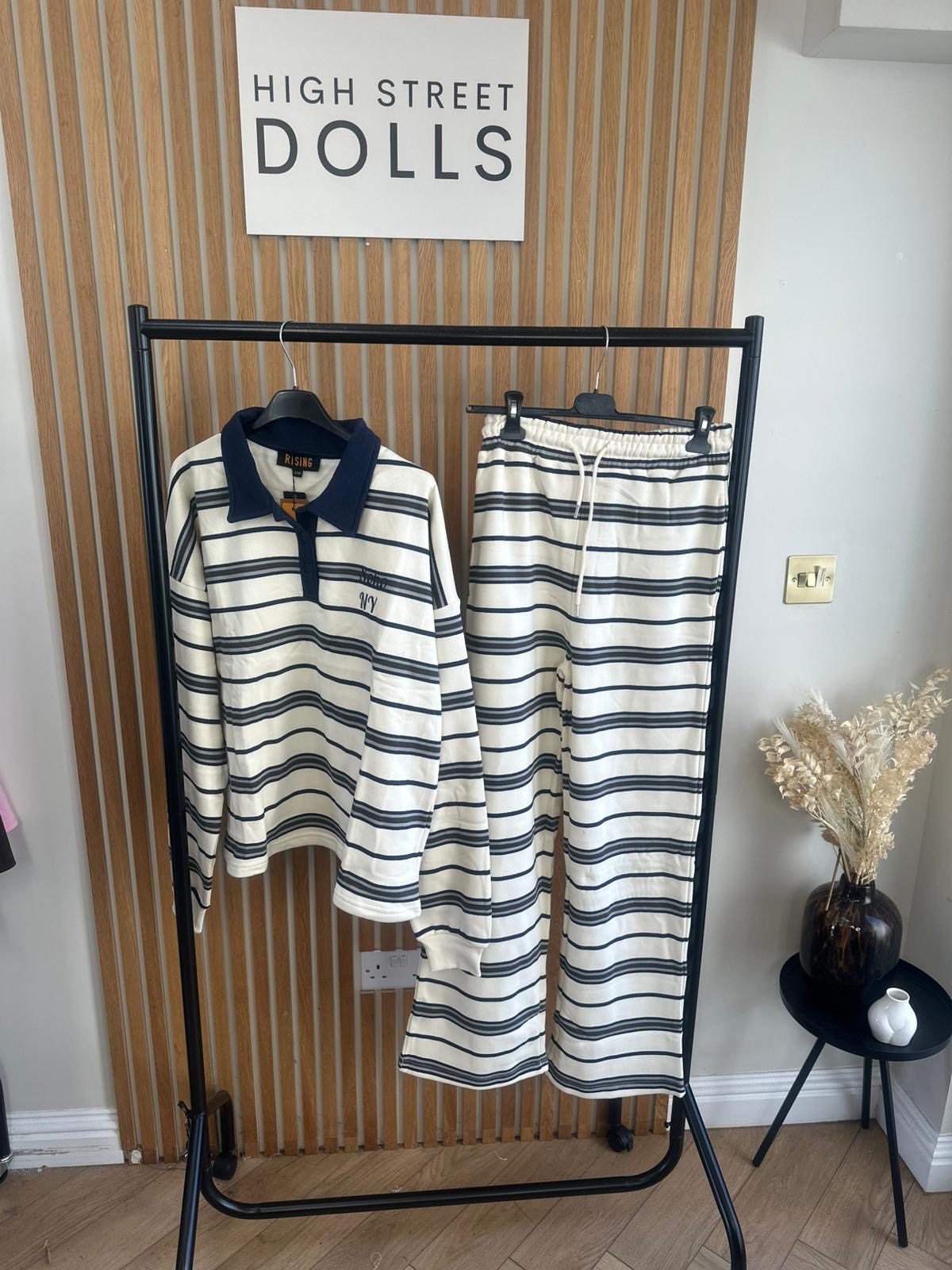 Elodie Stripe Lounge Set Cream and Navy Co Ord Rugby Top and Trousers Long Sleeve Loungewear Two Piece Spring Summer Denim Details