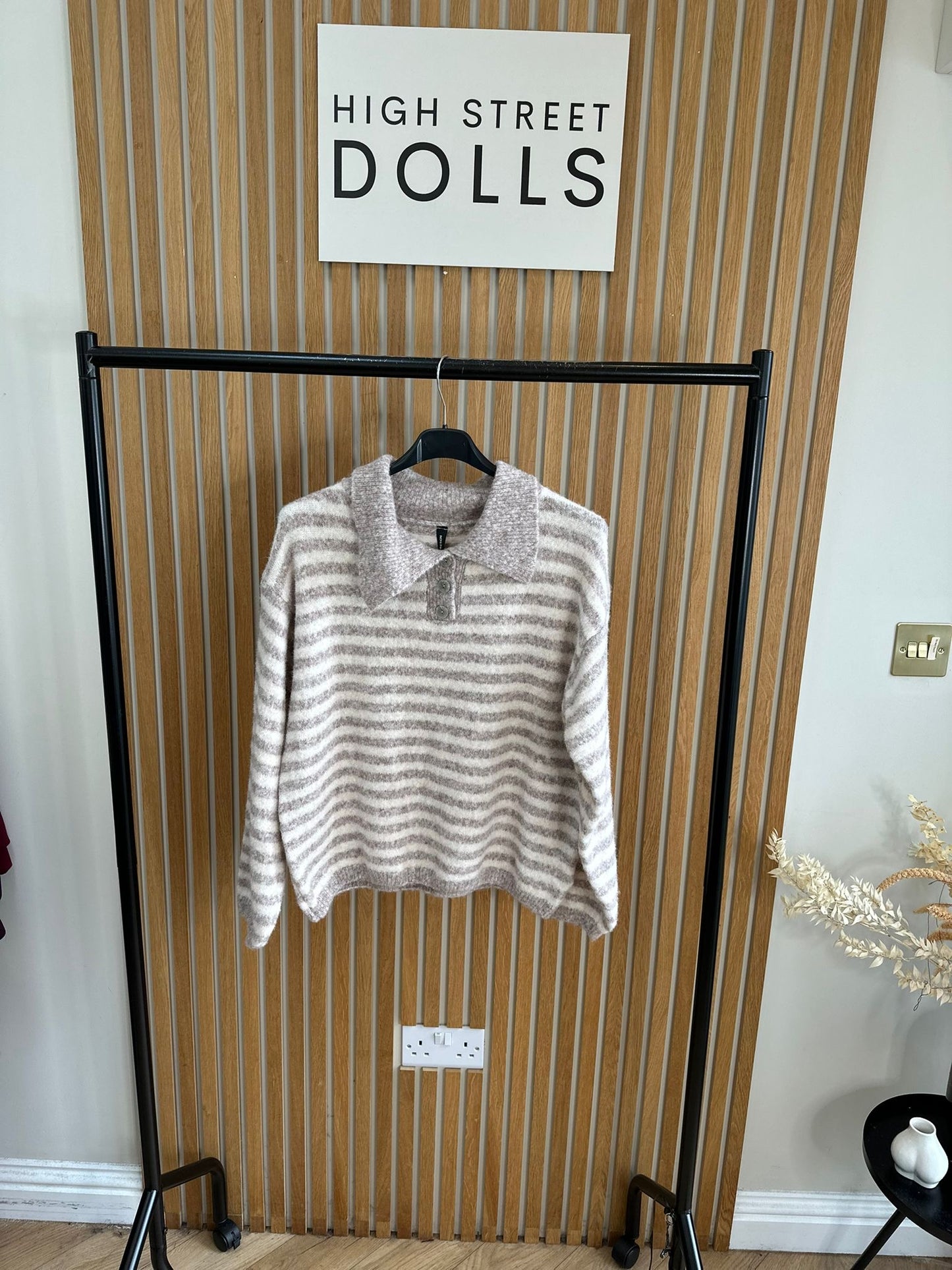 Sara Knitted Jumper Stripe Detail Slouchy Knitwear Button Up with Collar Autumn Winter