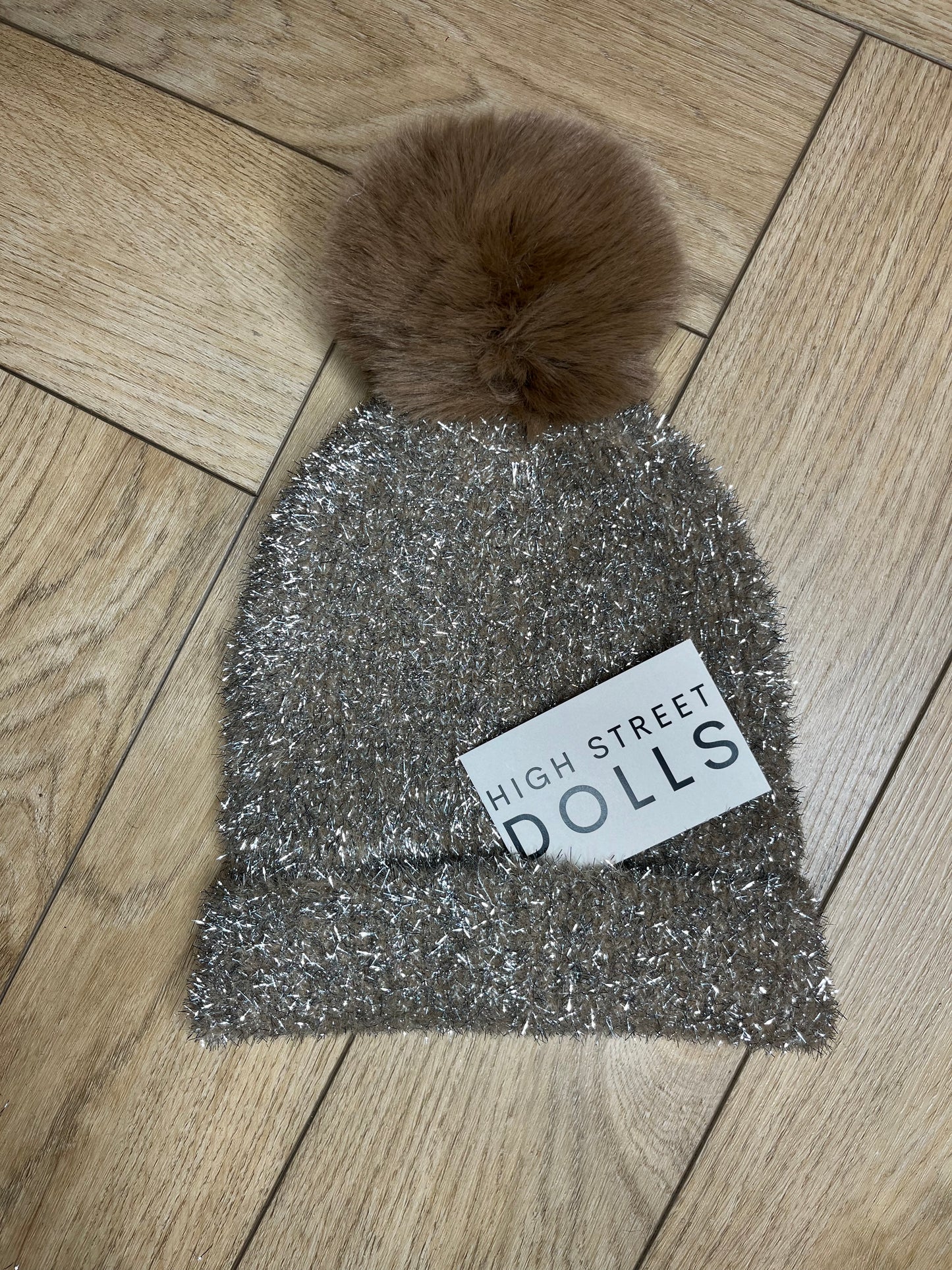 Tinsel Beanie Hat Faux Fur Pom Pom