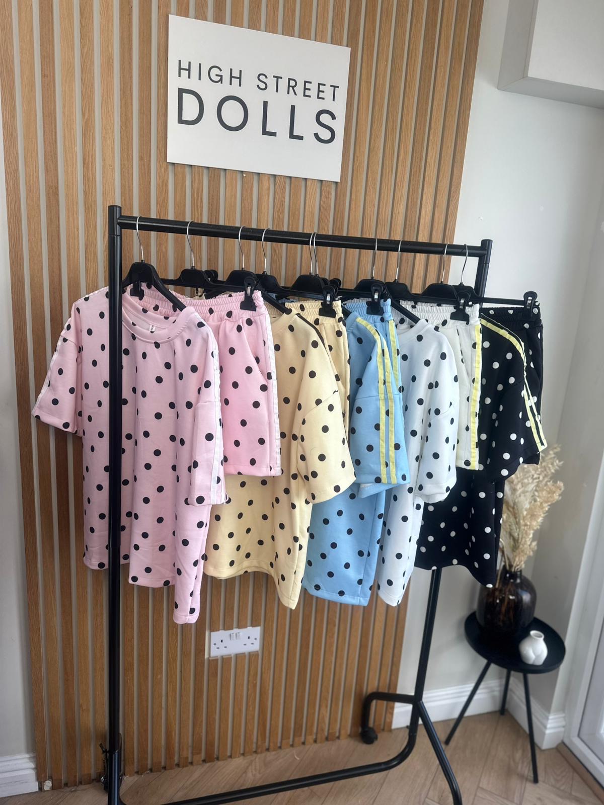 Bibi Polka Dot Print Oversized T Shirt and Shorts Holiday Spring Summer Women’s two piece co-ord Trending Viral Print Stripe Detail