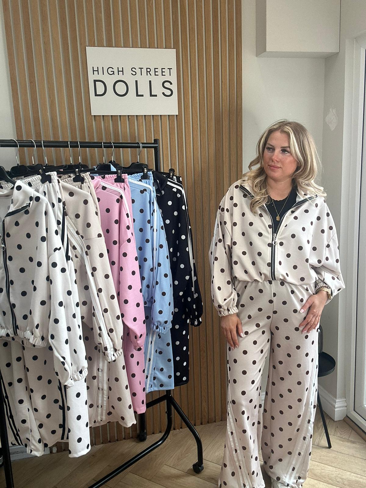 Rouge Polka Dot Bomber Jacket and Wide Leg Trousers Lounge Set Spring Summer Women’s Two Piece Co Ord Trending Viral Print Stripe Detail