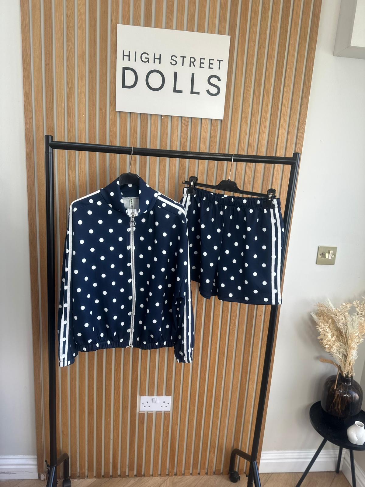 Harlo Polka Dot Print Bomber Jacket and Shorts Holiday Spring Summer Women’s two piece co-ord Trending Viral Print Stripe Detail