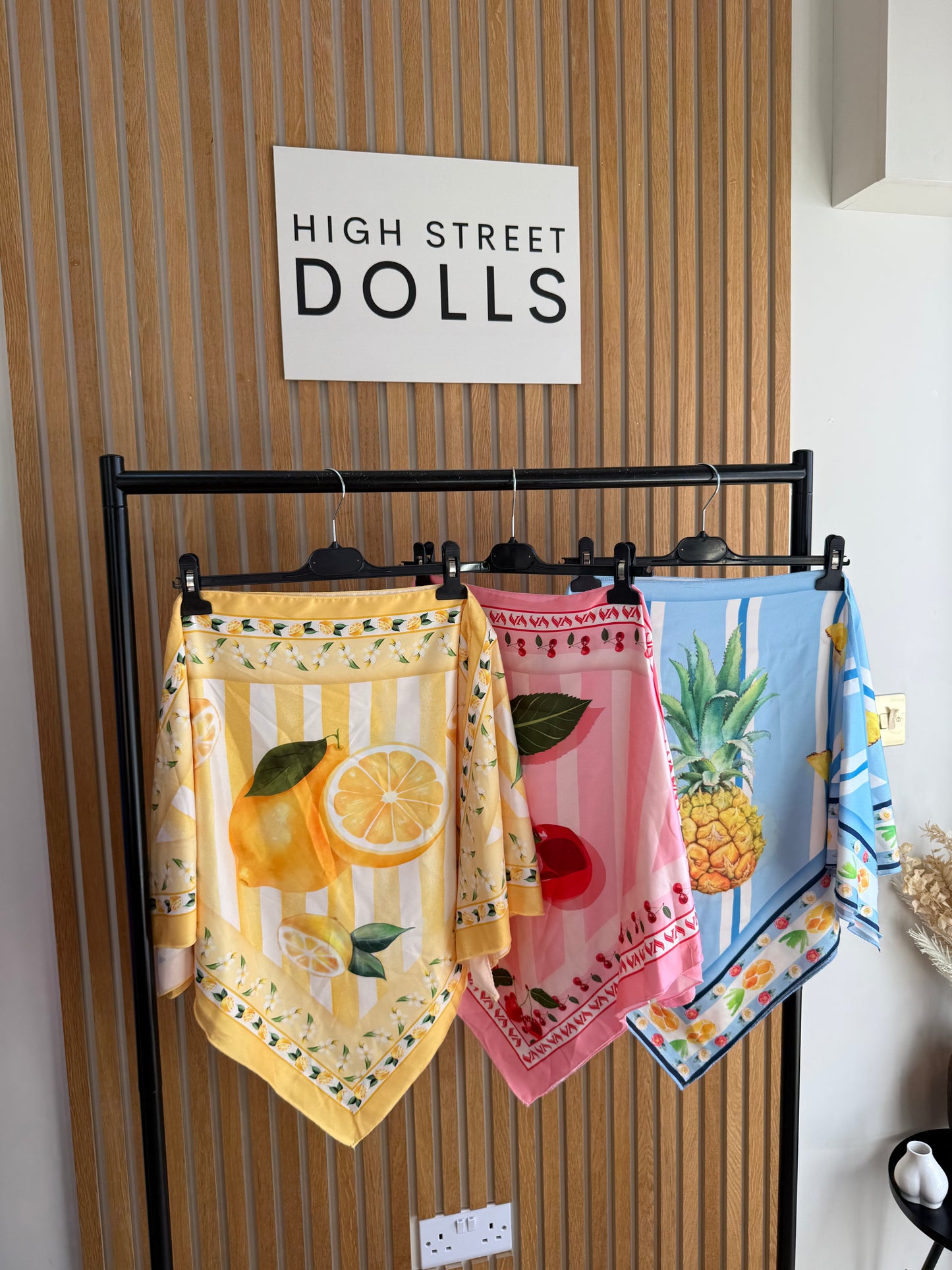 Ellie Satin Bardot Top Bright Colourful Fruit Printed Summer Holiday