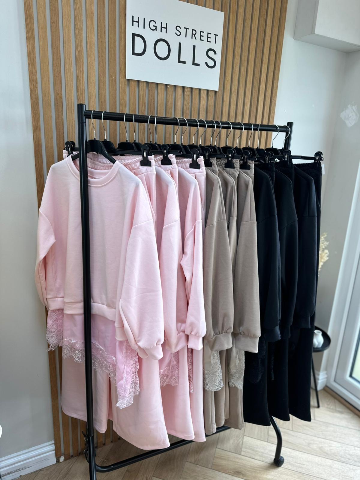 Sloane Lace Lounge Set Tracksuit T shirt with Wide leg Trousers Loungewear Two Piece Spring Summer