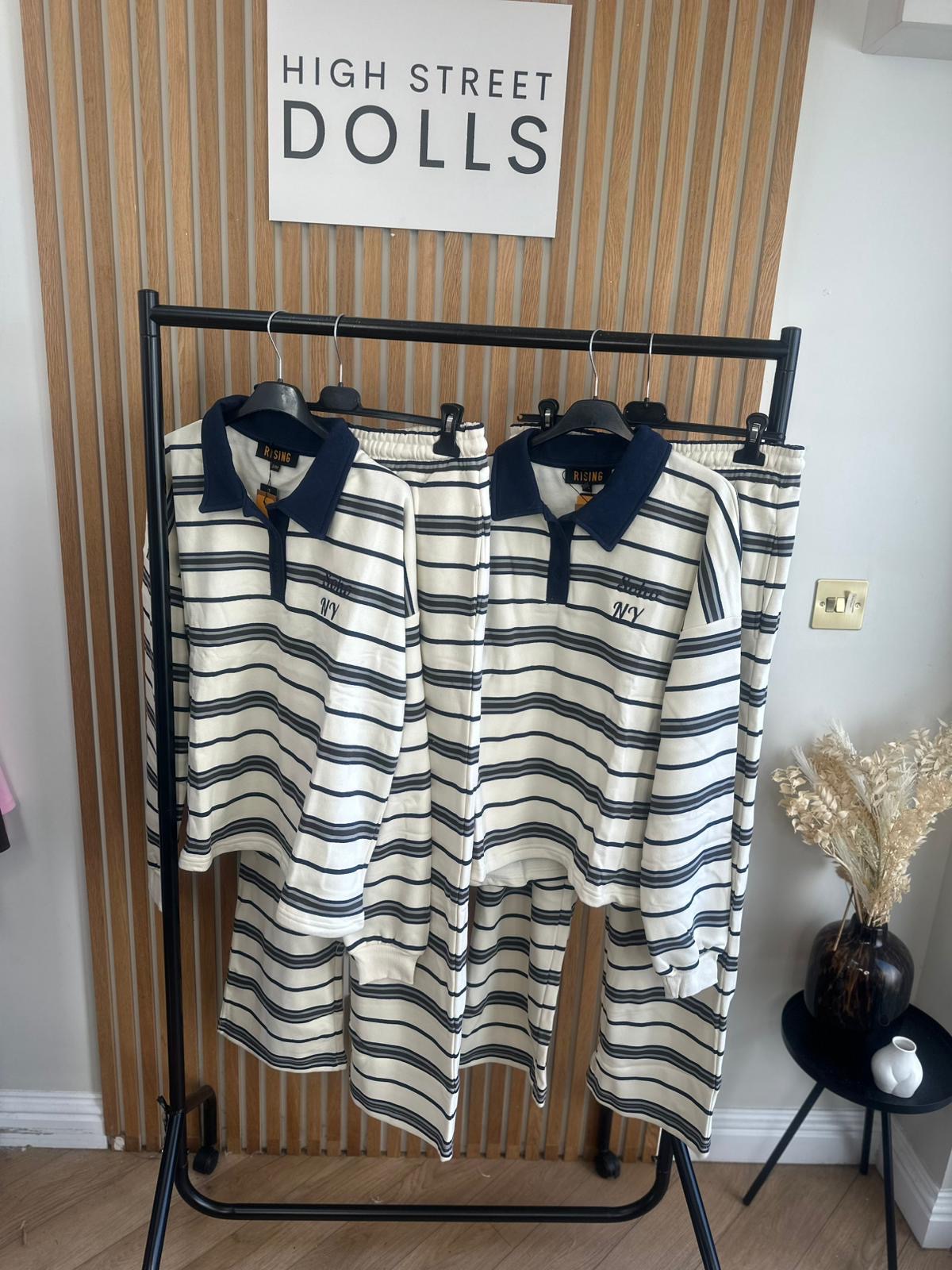 Elodie Stripe Lounge Set Cream and Navy Co Ord Rugby Top and Trousers Long Sleeve Loungewear Two Piece Spring Summer Denim Details