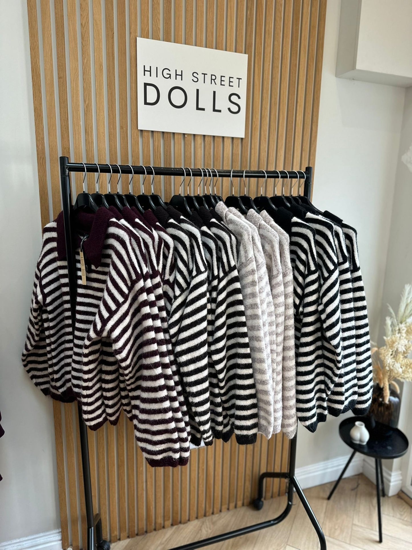 Sara Knitted Jumper Stripe Detail Slouchy Knitwear Button Up with Collar Autumn Winter