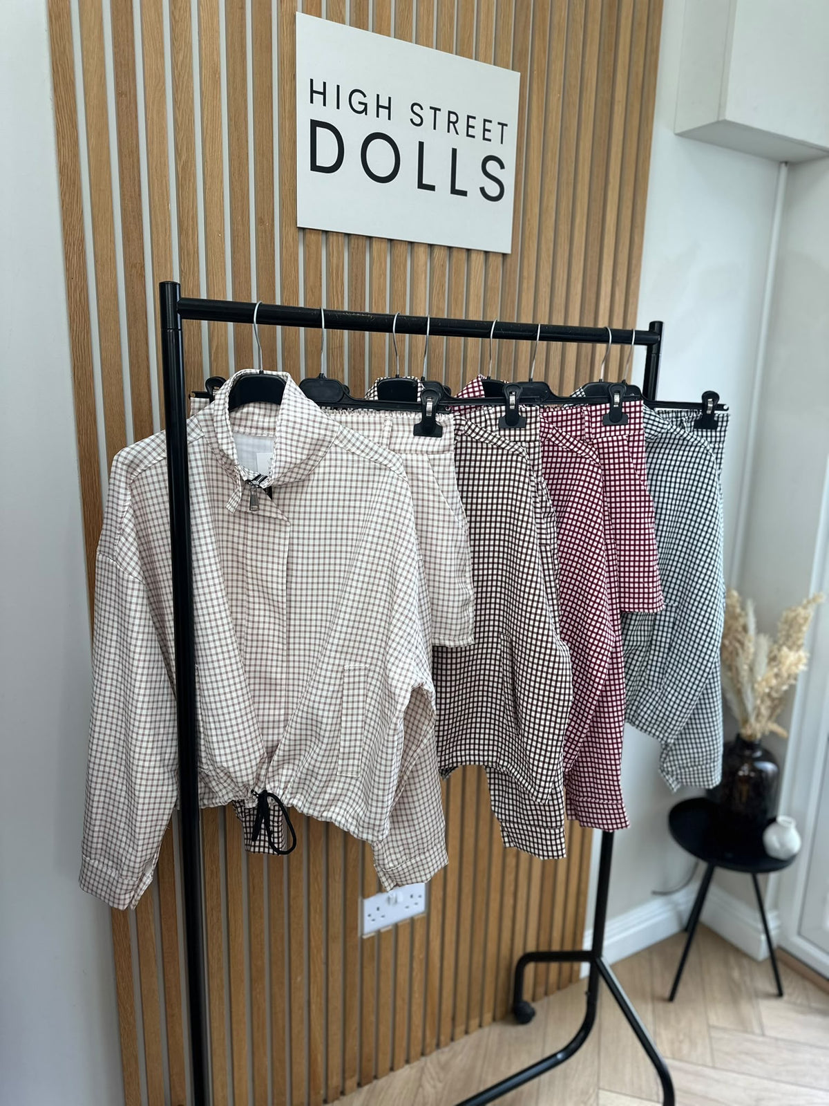 Dolly Gingham Lightweight Jacket and Shorts Set – Women’s Co Ord, Two Piece, Autumn/Winter Layer with Funnel Neckline
