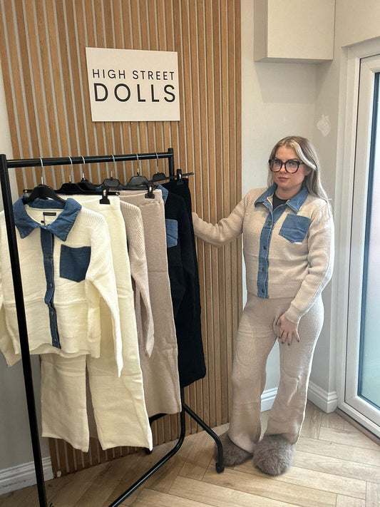 Demi Loungeset Two piece Outfit Knitted fabric with denim details Knitwear Co Ord Wide Leg trousers Shirt Style Autumn Winter