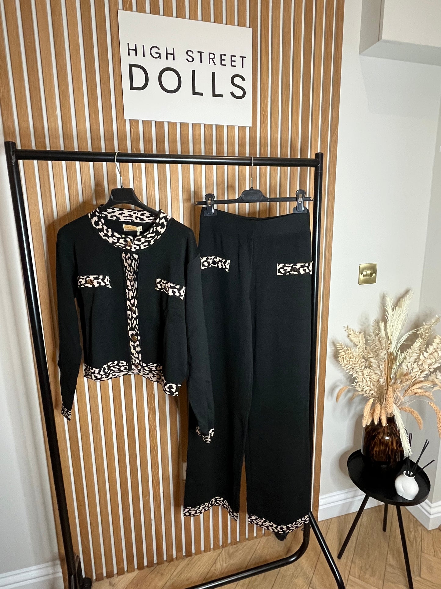 Knitted Leopard Print Co Ord Top and Trousers Two Piece Black