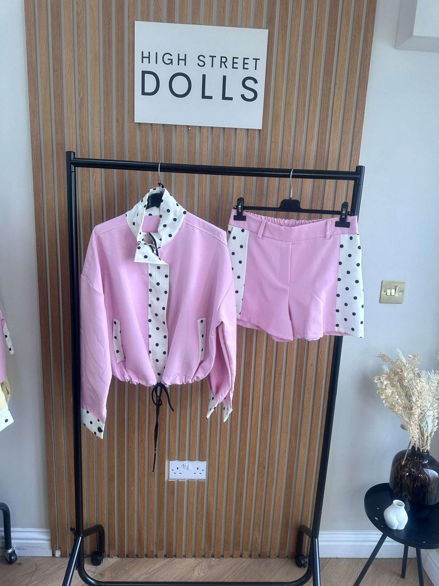 Sage Polka Dot Print Jacket and Shorts Holiday Spring Summer Women’s two piece co-ord Trending Viral Print Stripe Detail