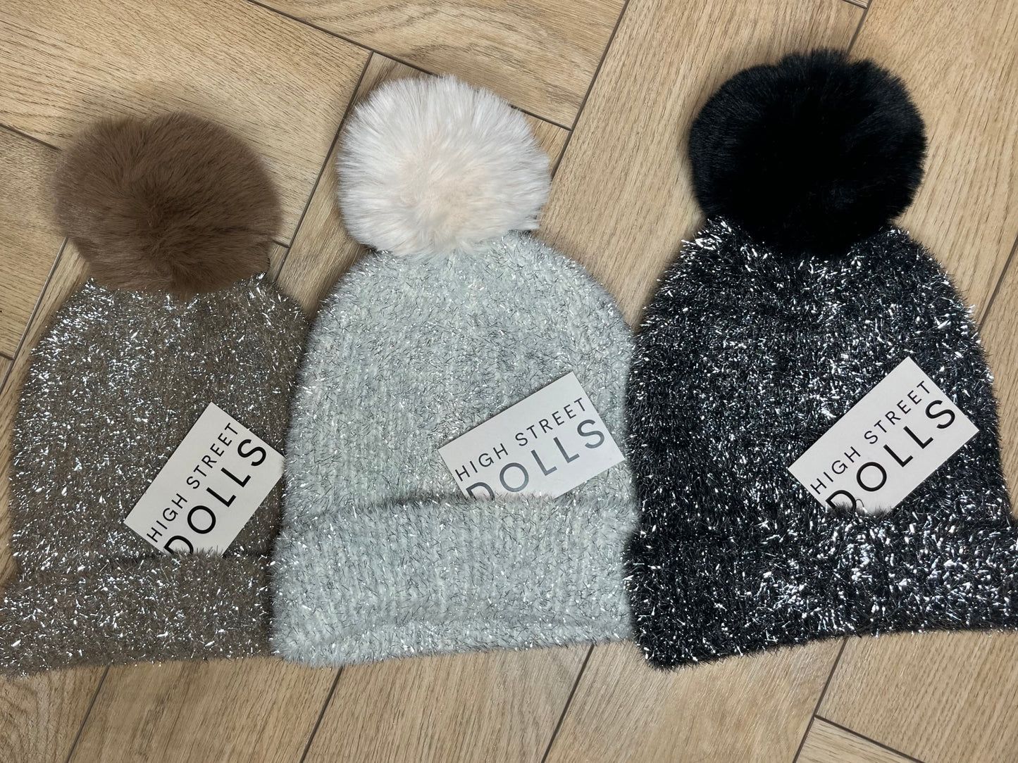 Tinsel Beanie Hat Faux Fur Pom Pom