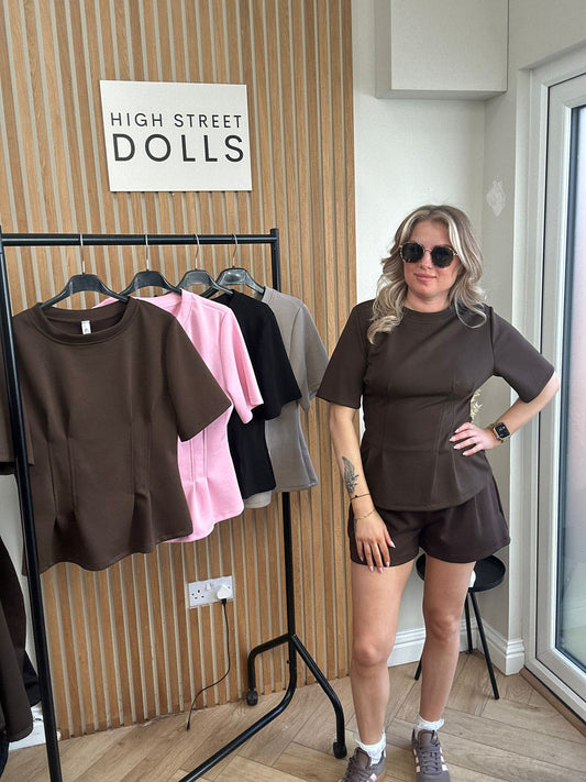 Rose Peplum Top Short Sleeve T Shirt Round Neckline Fitted Darts Spring Summer Fashion