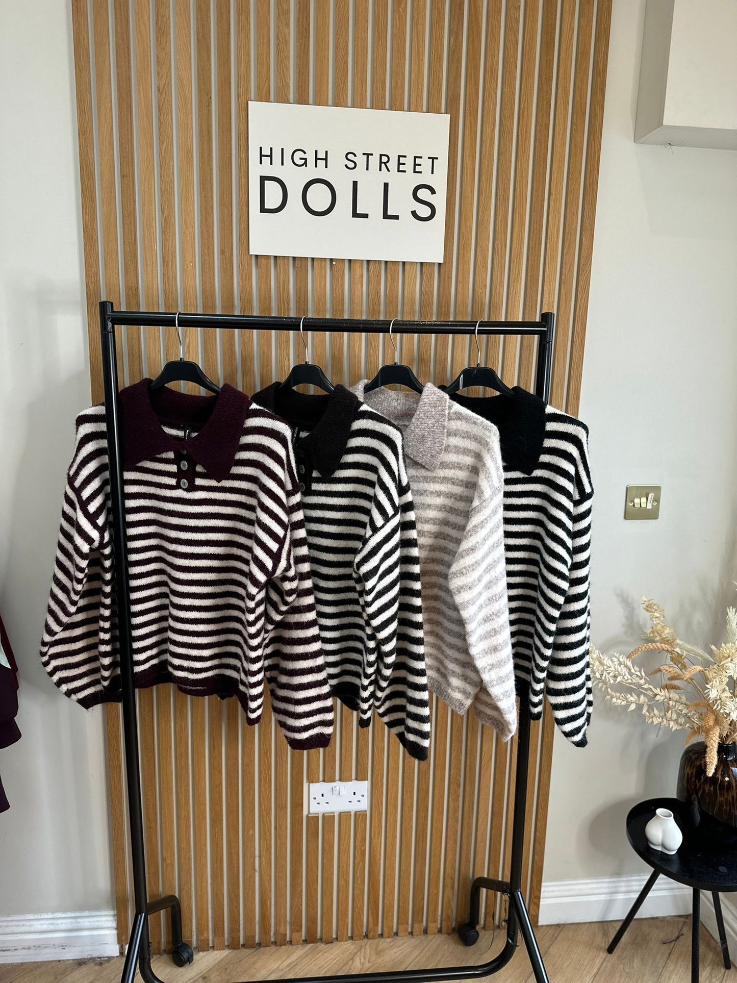 Sara Knitted Jumper Stripe Detail Slouchy Knitwear Button Up with Collar Autumn Winter