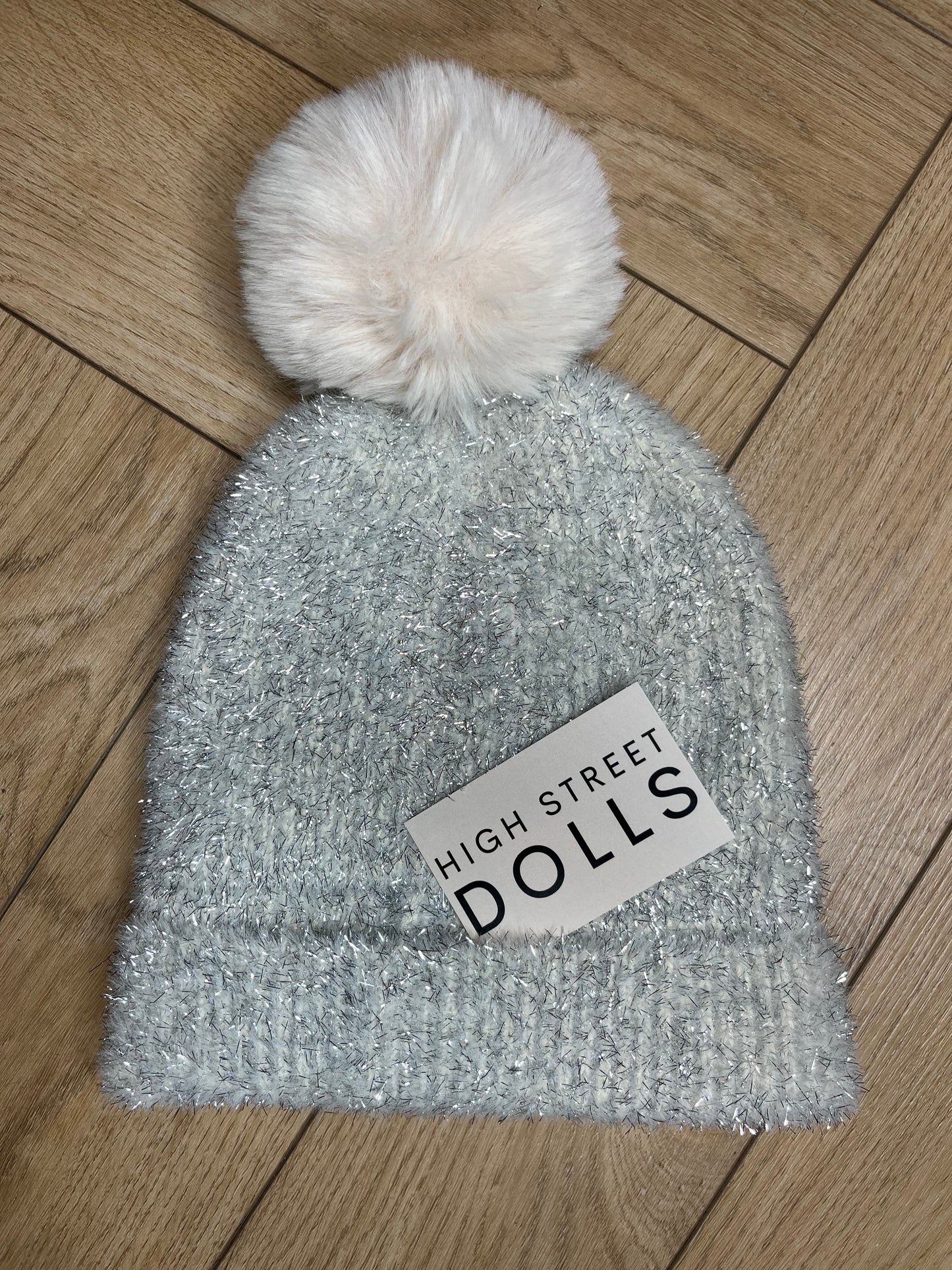 Tinsel Beanie Hat Faux Fur Pom Pom