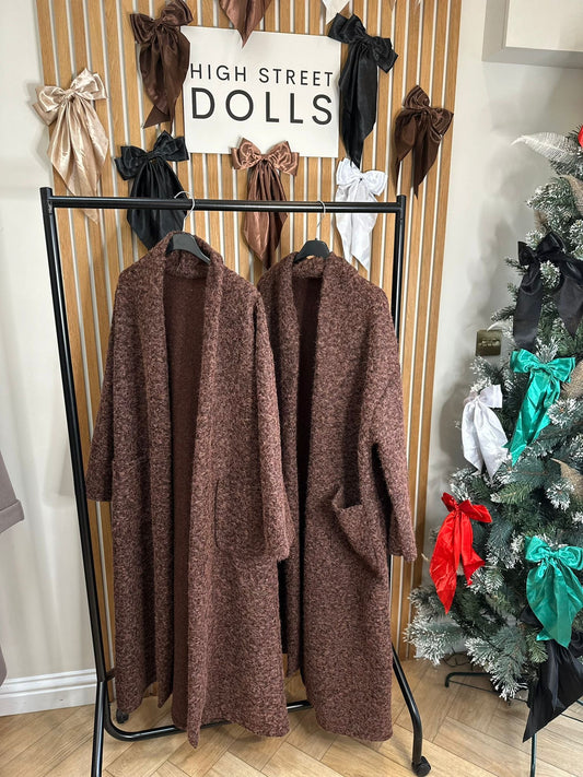 Long Duster Coat Chocolate Brown Boucle style