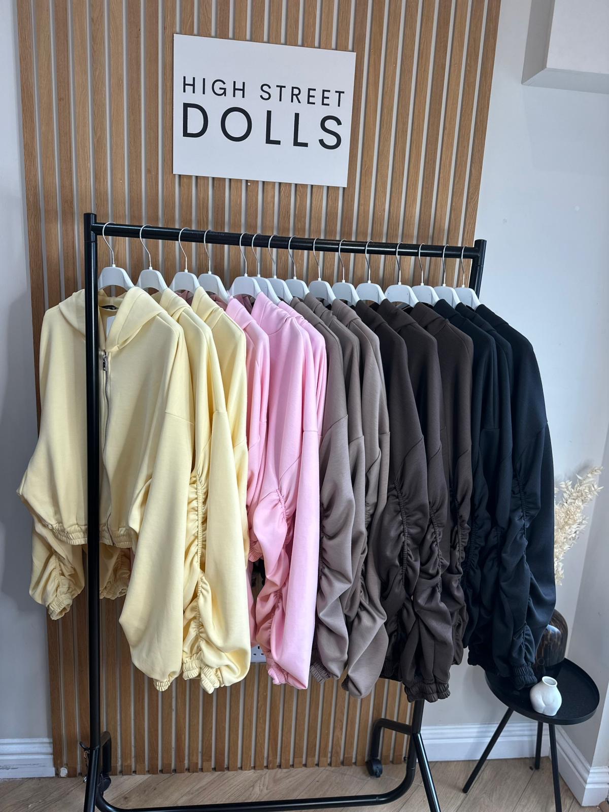 Reene Cropped Ruched Sleeve Hoodie Zip Up Jacket Jersey Spring Summer Winter