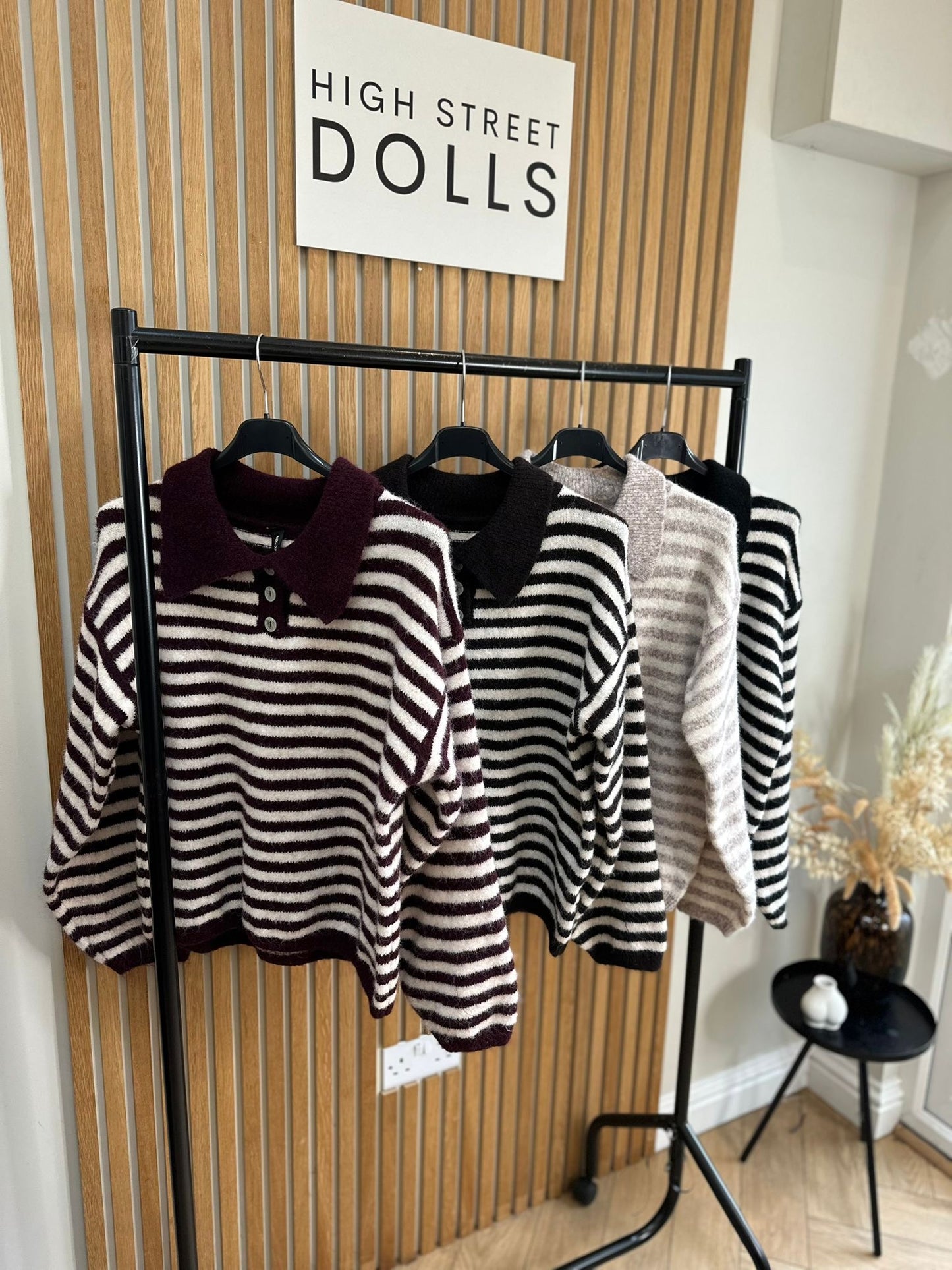 Sara Knitted Jumper Stripe Detail Slouchy Knitwear Button Up with Collar Autumn Winter