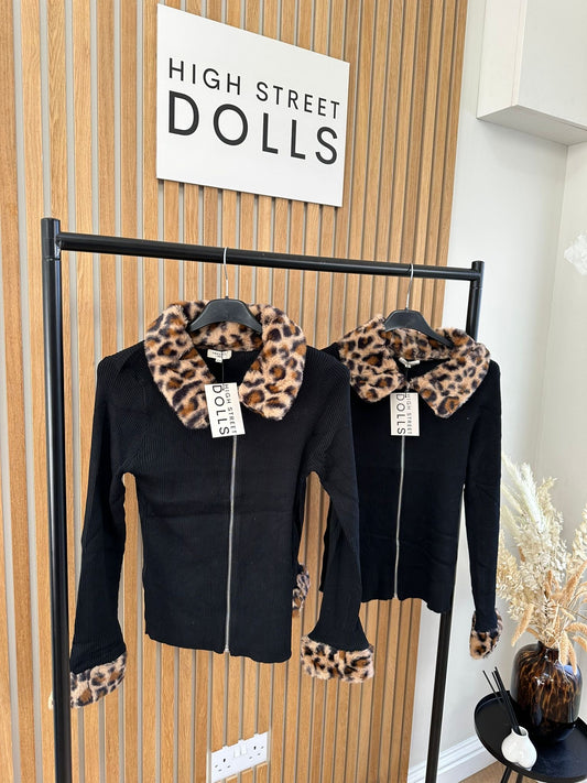 Leopard Print Collar Fine Knit Jumper Zip Up Faux Fur