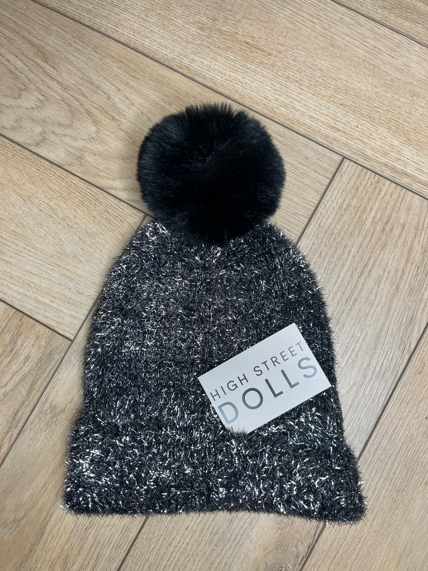 Tinsel Beanie Hat Faux Fur Pom Pom