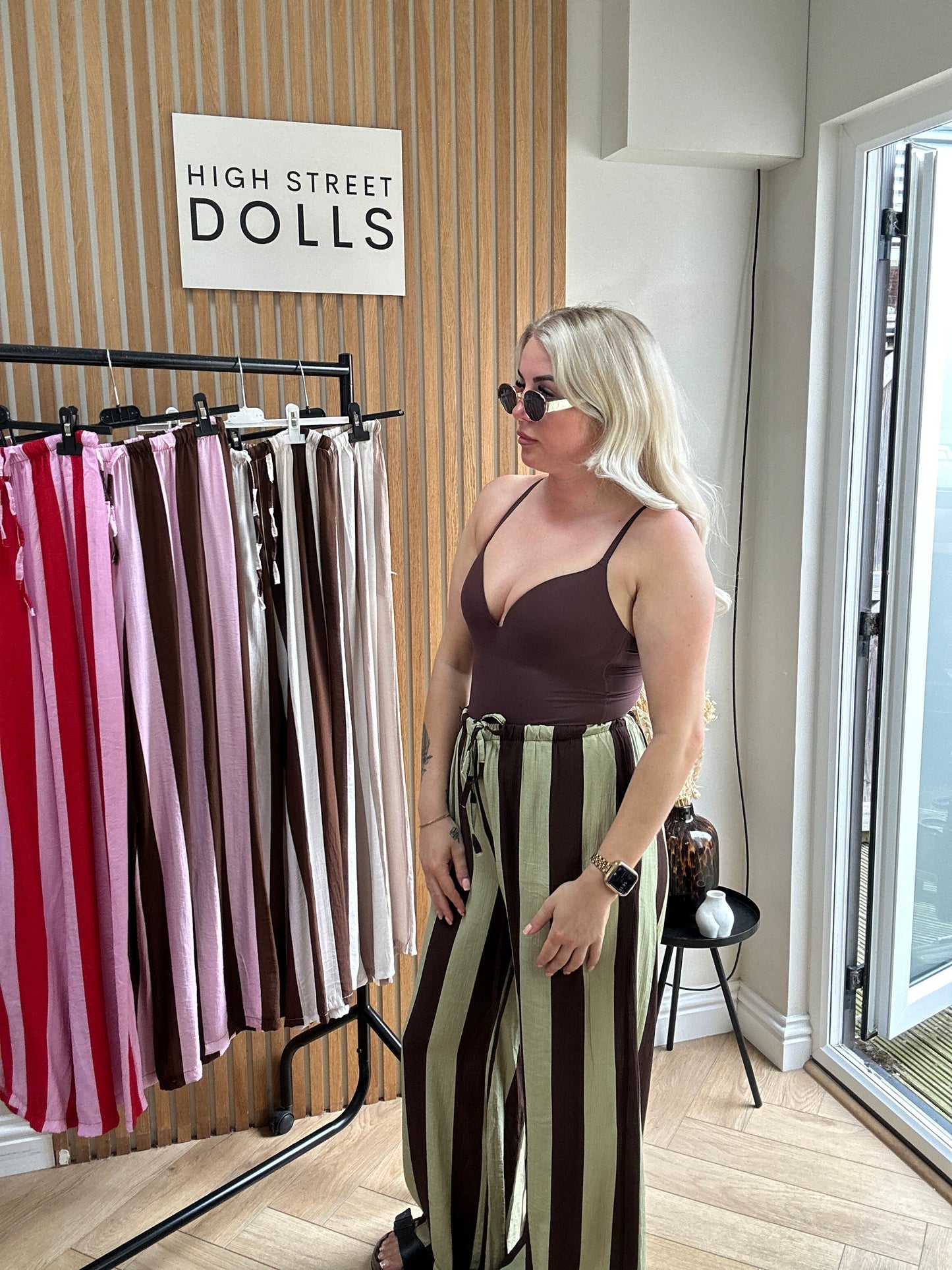 Lollie Wide Leg Trousers Light Weight Linen Style Summer Bright Stripes