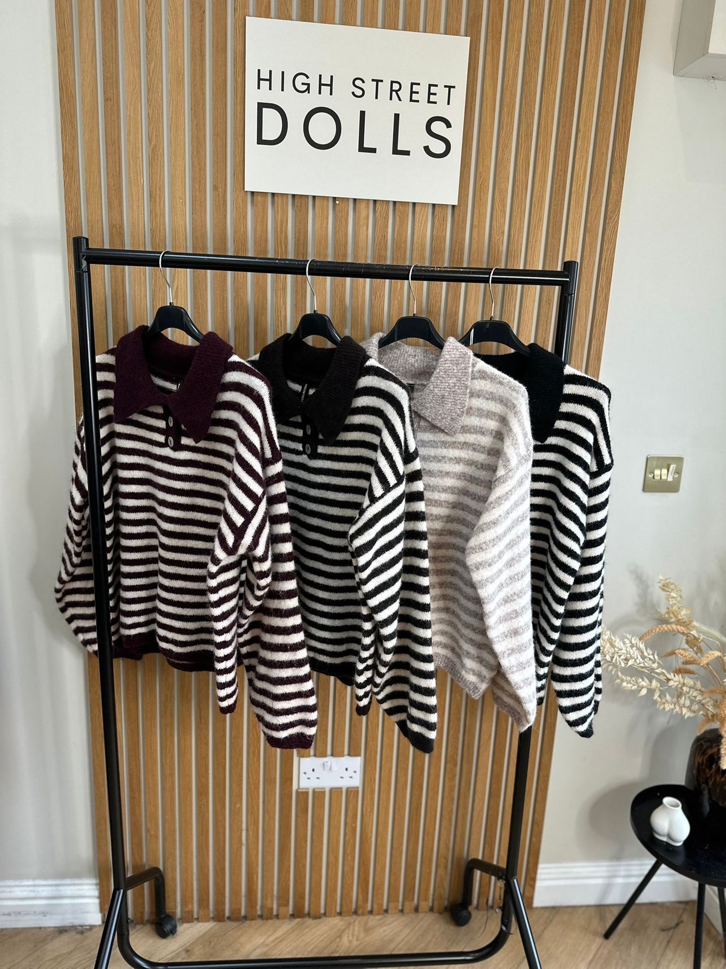 Sara Knitted Jumper Stripe Detail Slouchy Knitwear Button Up with Collar Autumn Winter