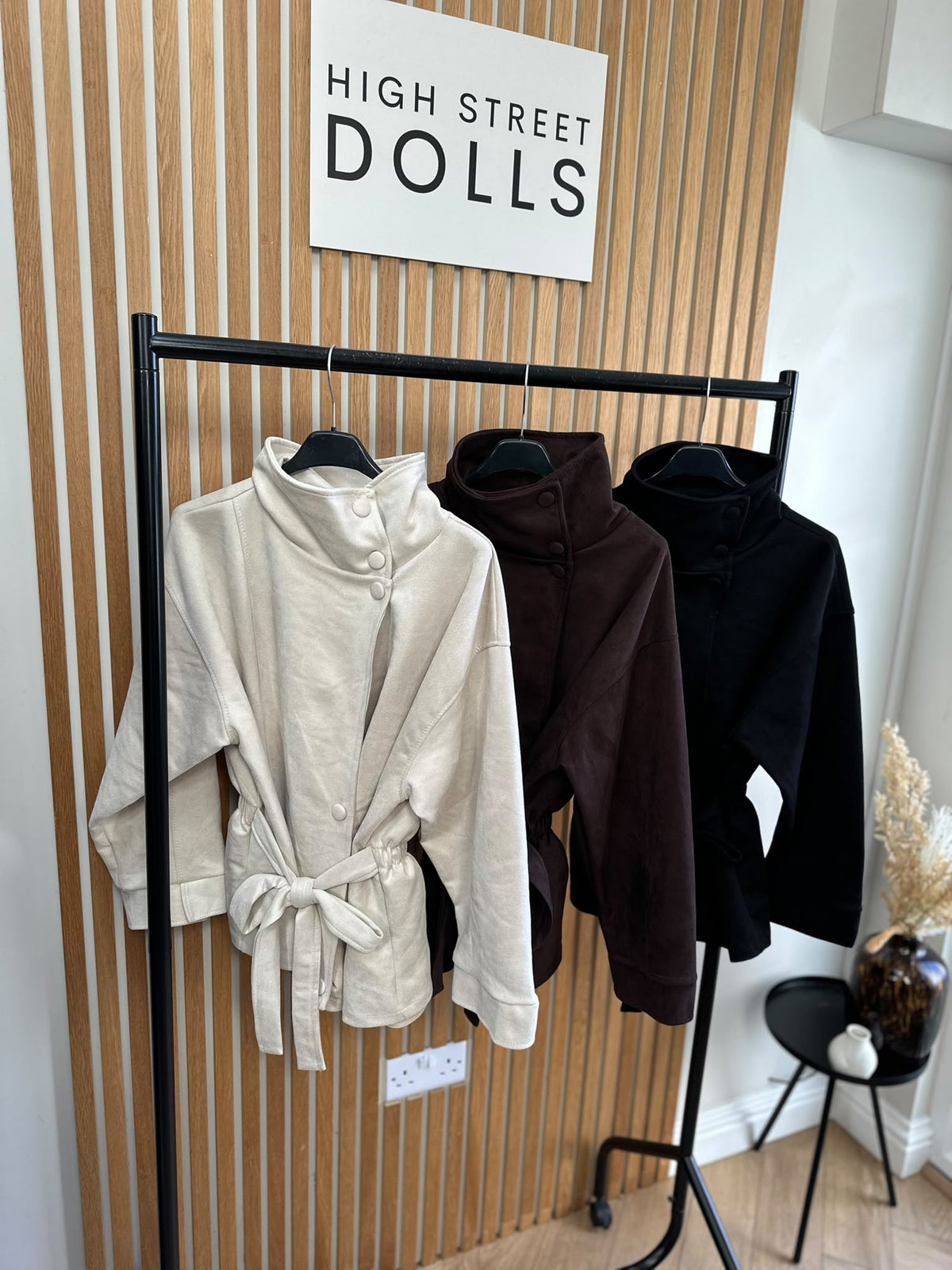 Kiera Suedette Belted Funnel Neck Button-Down Jacket – Autumn/Winter