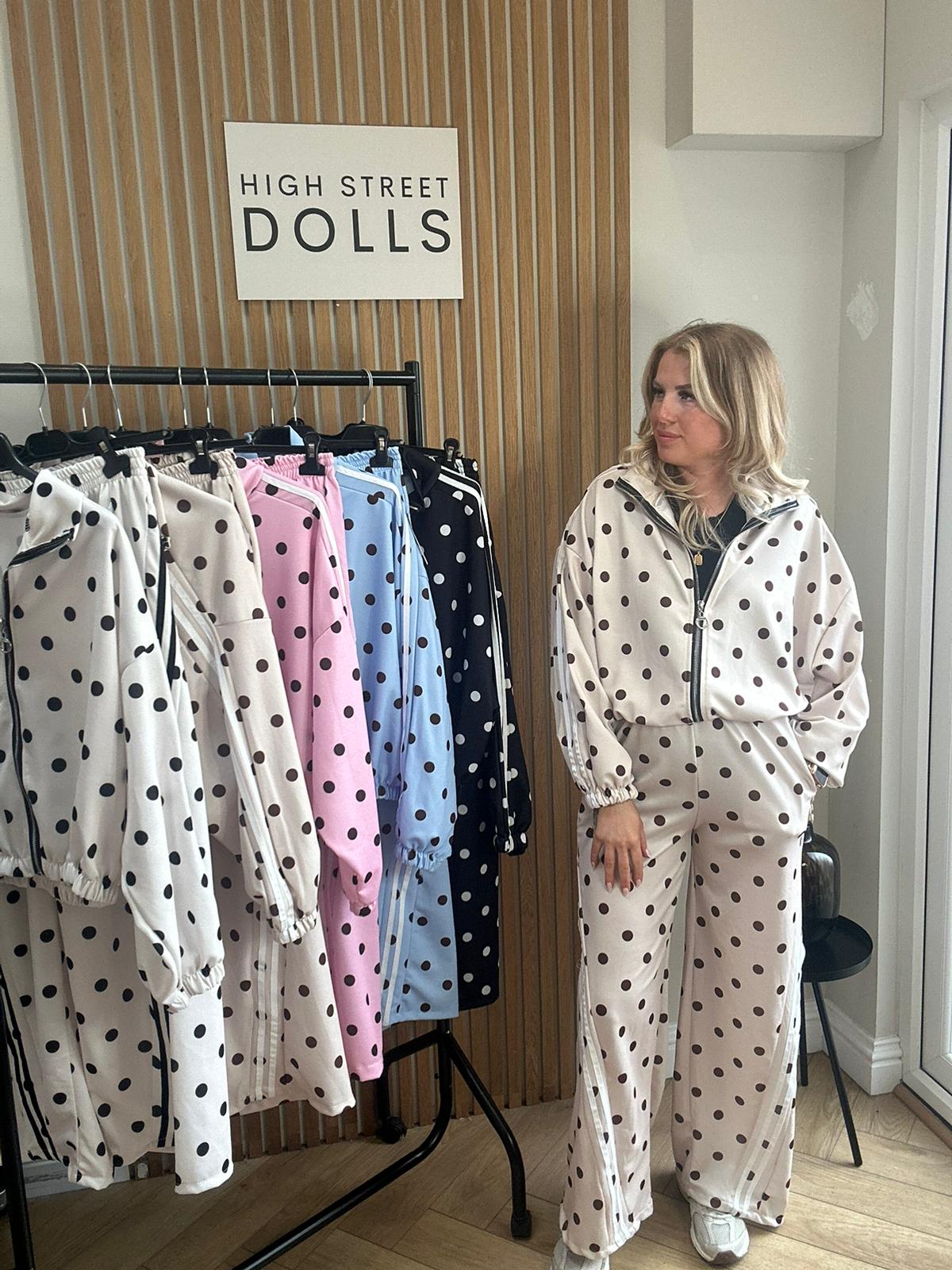 Rouge Polka Dot Bomber Jacket and Wide Leg Trousers Lounge Set Spring Summer Women’s Two Piece Co Ord Trending Viral Print Stripe Detail