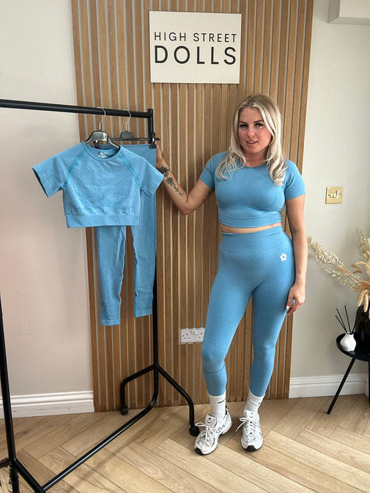 BodiBlossom Activewear Gym Set Blue T shirt and Leggings Co Ord