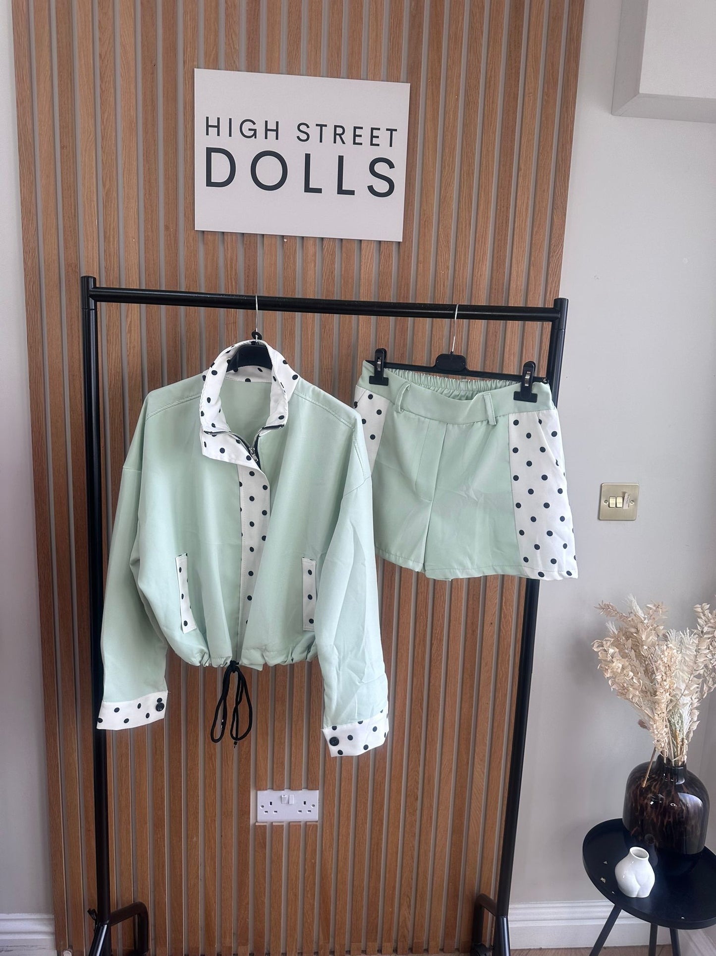 Sage Polka Dot Print Jacket and Shorts Holiday Spring Summer Women’s two piece co-ord Trending Viral Print Stripe Detail