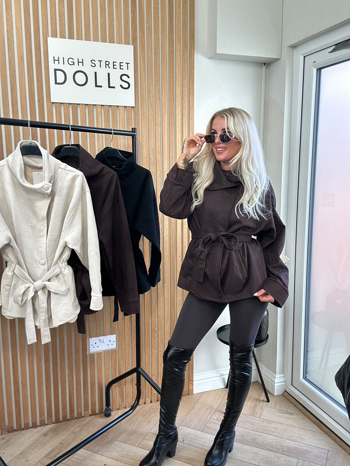 Kiera Suedette Belted Funnel Neck Button-Down Jacket – Autumn/Winter