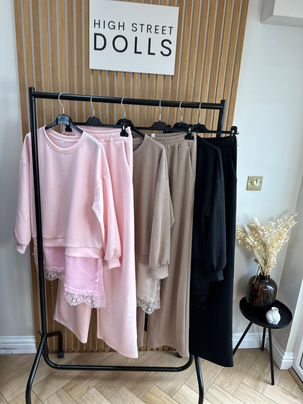 Sloane Lace Lounge Set Tracksuit T shirt with Wide leg Trousers Loungewear Two Piece Spring Summer