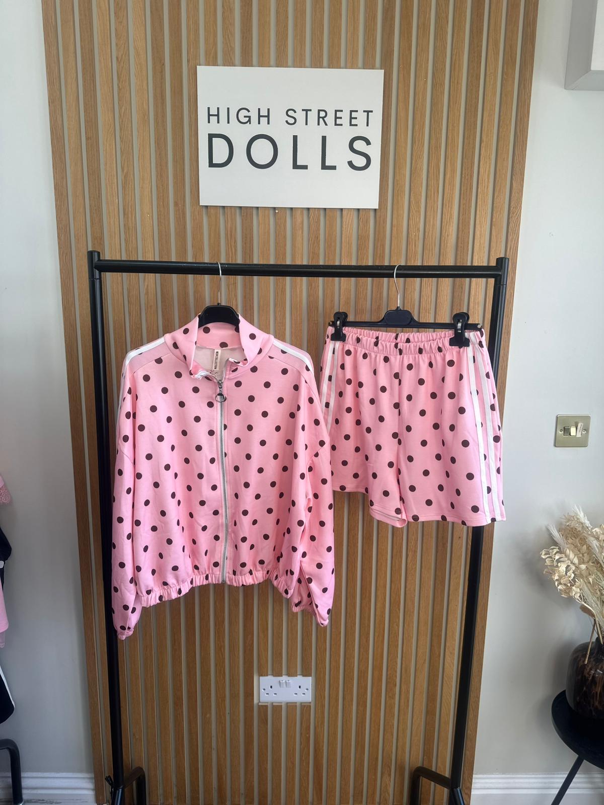 Harlo Polka Dot Print Bomber Jacket and Shorts Holiday Spring Summer Women’s two piece co-ord Trending Viral Print Stripe Detail
