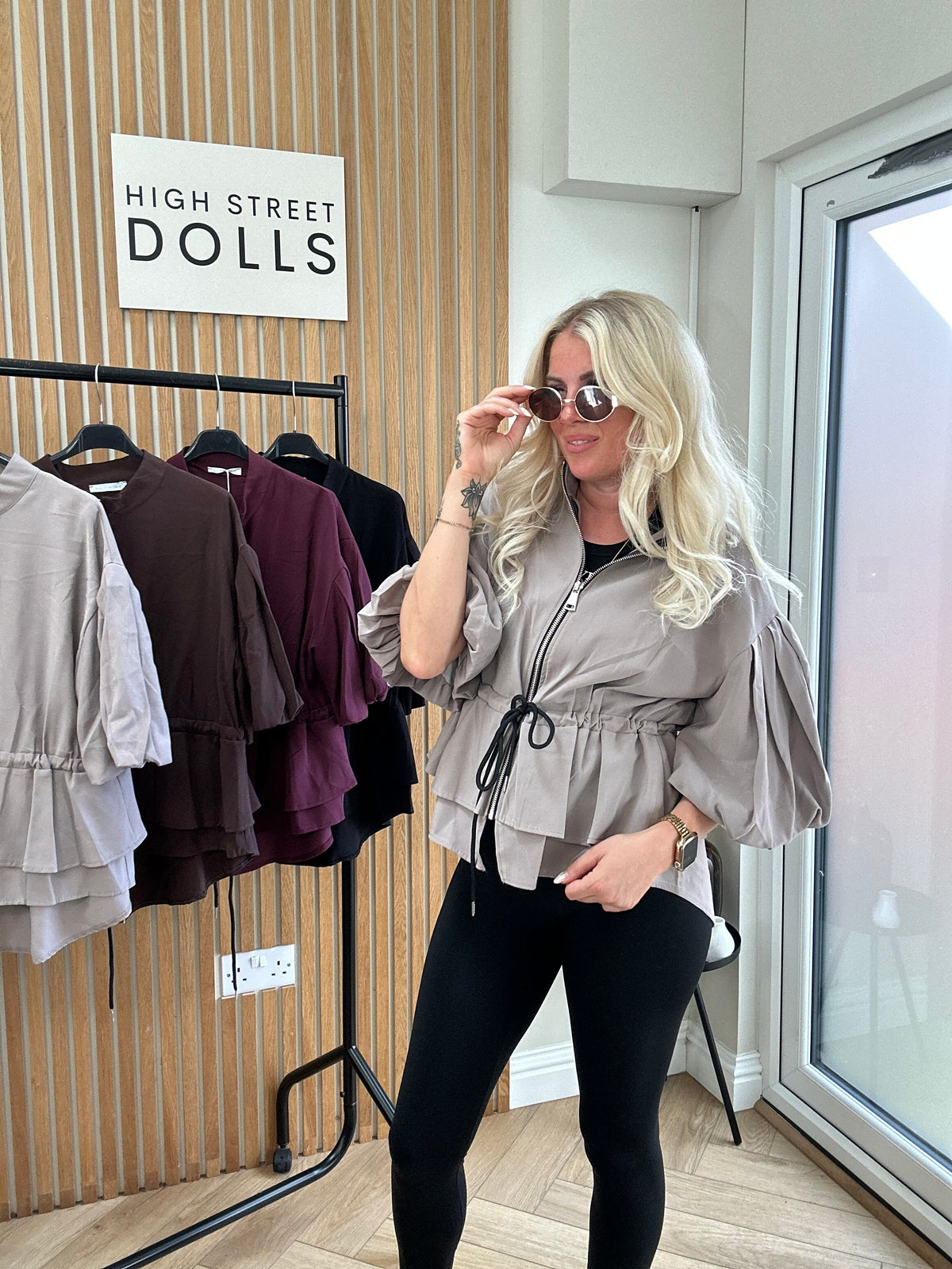 Tilly Peplum Jacket – Women’s Zip-Up Top with Ruffle Details & Balloon Sleeves, Autumn/Winter