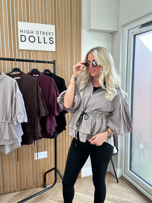 Tilly Peplum Jacket – Women’s Zip-Up Top with Ruffle Details & Balloon Sleeves, Autumn/Winter